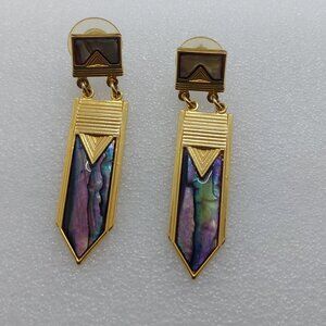 Vintage Duri Gold Tone Pierced Earrings Abalone Shell Dangle